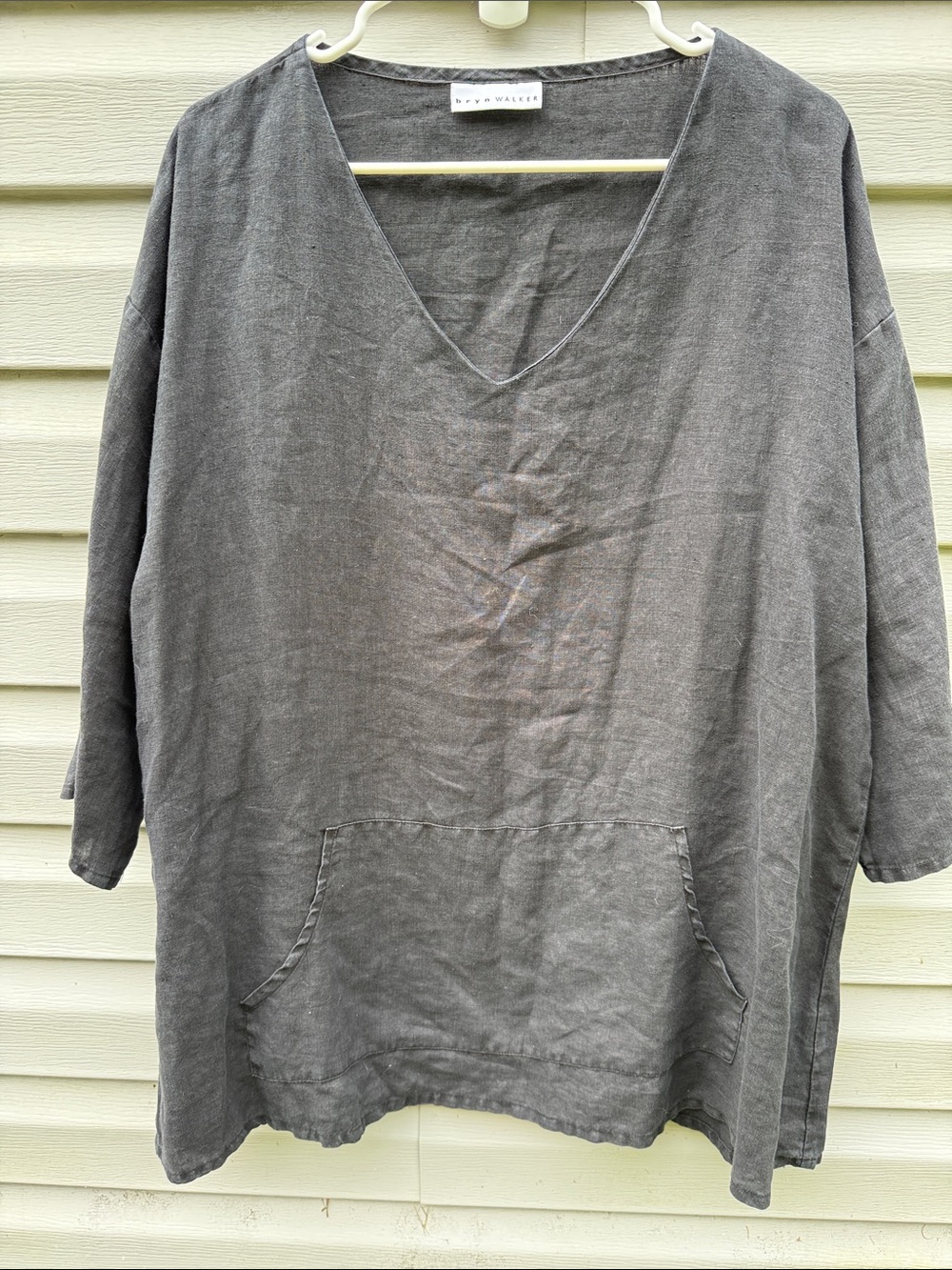 Bryn Walker Women 100% Linen Black V-Neck Oversized Tunic Top Pocket Medium